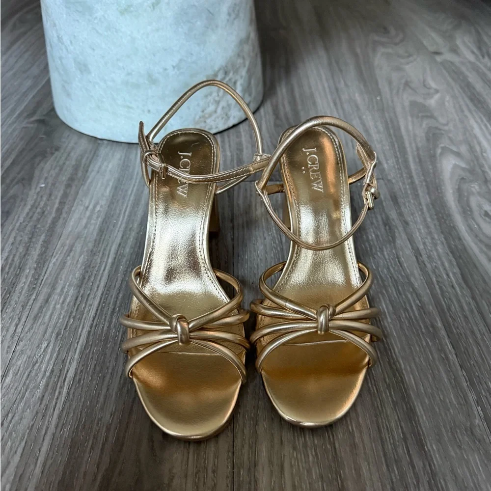 J. Crew Skinny-strap knotted Metallic Gold Strappy Block Heel Sandals size 6 - Picture 7 of 7